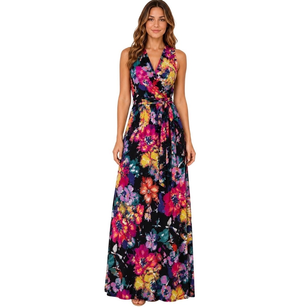 Chetta B Sleeveless V-Neck Floral Maxi Dress Black Multi Size 8